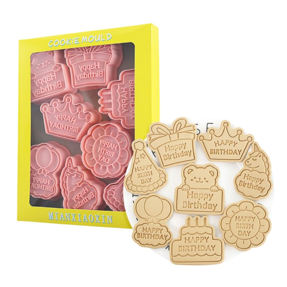 Happy Birthday Cookie Cutters,8pcs Biscuit Mould,Birthday Party Cookie Stamps Set,Kitchen Tools Plastic Cookie Press (Happy Birthday)