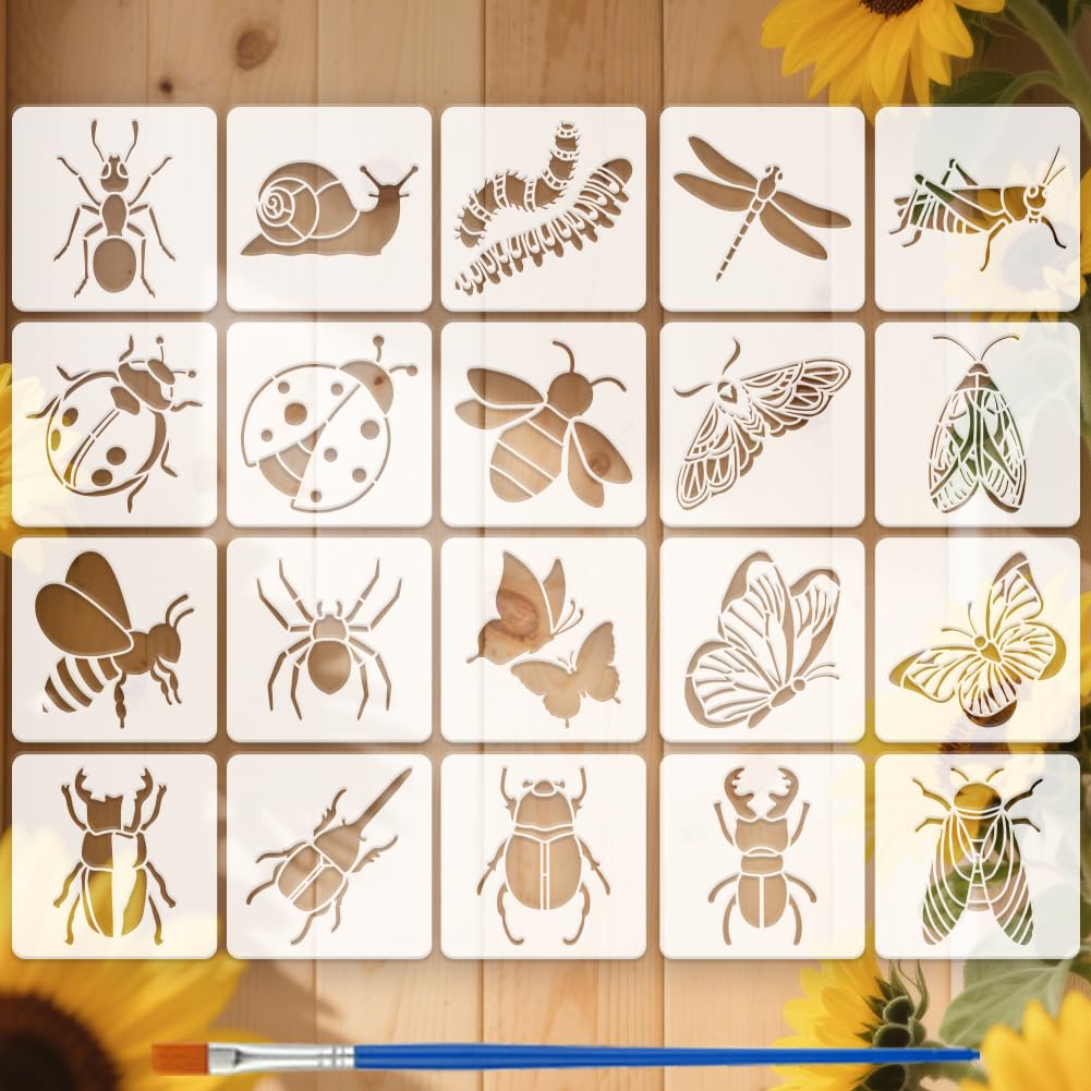 FINGERINSPIRE 20 Pcs Animal Painting Stencil with Brush 15x15cm Butterfly Dragonfly Beetle Spider Bee Ladybug Pattern Drawing Template DIY Stencil for Painting on Wood Wall Fabric Furniture