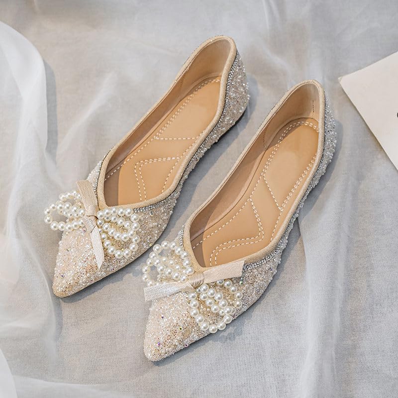 Women's Pearl Flats Glitter Elegant Ballet Flats Lightweight Wedding Bride Dressy Flats3