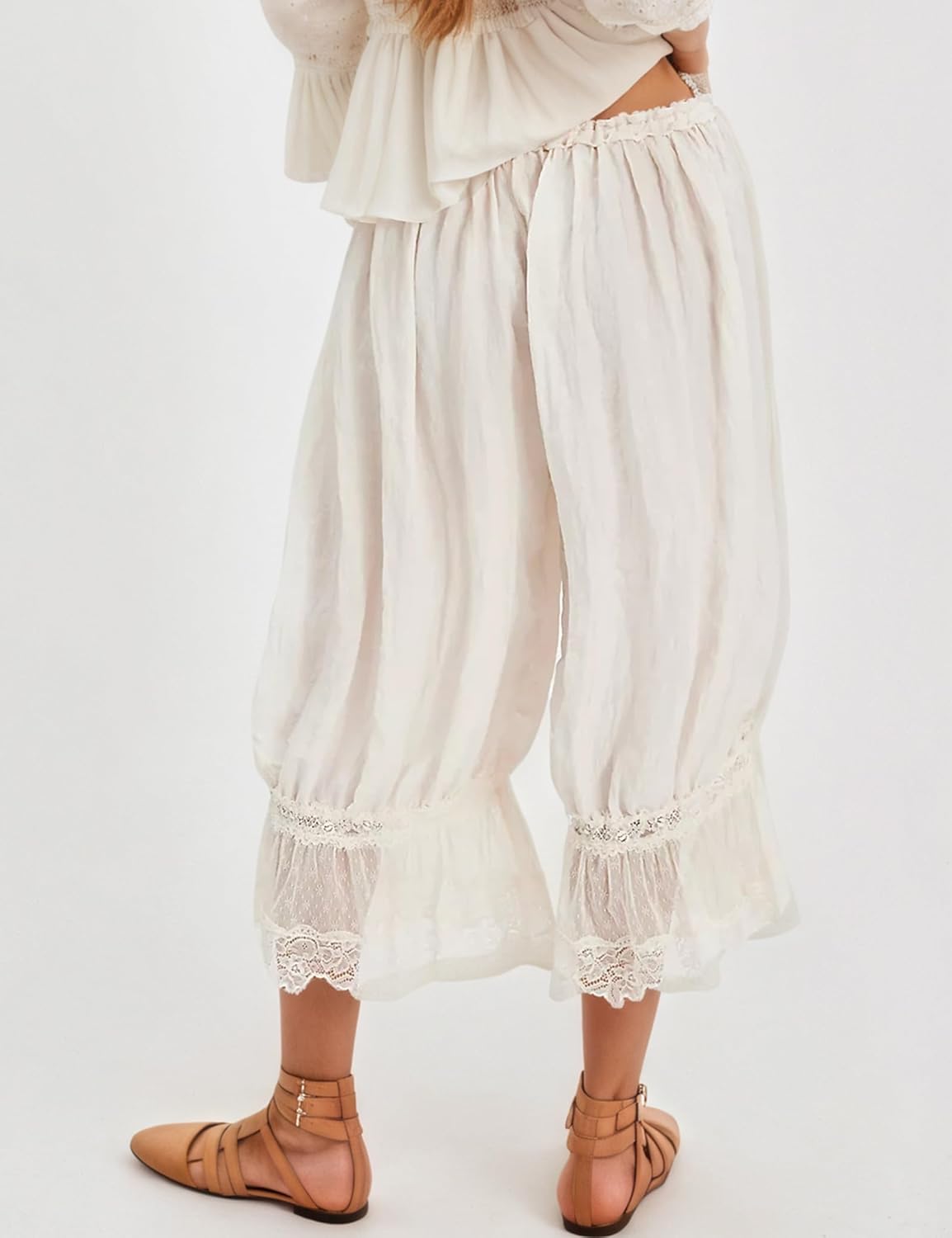 Women Lace Trim Long Bloomers Y2k Elastic Waist Lace Patchwork Pettipants Pantaloons Slip Cropped Pants - Image 2