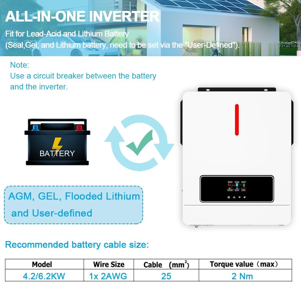 Aetherion Onduleur solaire hybride de 6,2 kW, onduleur à onde sinusoïdale pure, pour connexion au réseau et hors réseau, avec sortie de 48 V CC à 220 V CA, pour sauvegarde domestique et systèmes hors