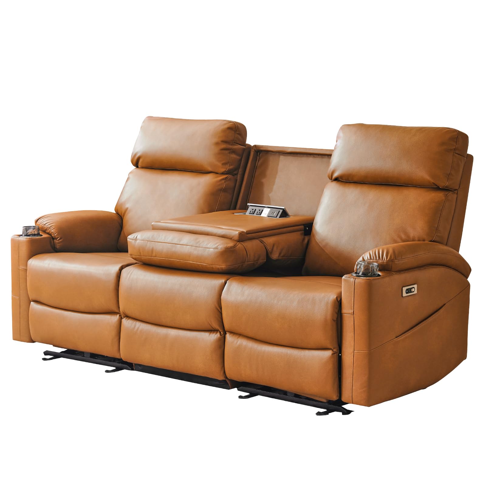 Condition photo showing Good Condition for incomplete: power reclining sofa - 3 seater recliner sofás, pu leather recliner sofa, home theater seating with flipped middle backrest, power recliner couch for living room(brown)