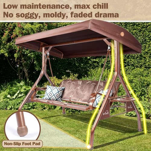 Image of ZZW 3 Person Patio Swing Outdoor Swing for Adults with Adjustable Canopy &Upgraded Cup Holders Textilene Fabric Porch Swing Chair with Stand Heavy Duty 800 LBS