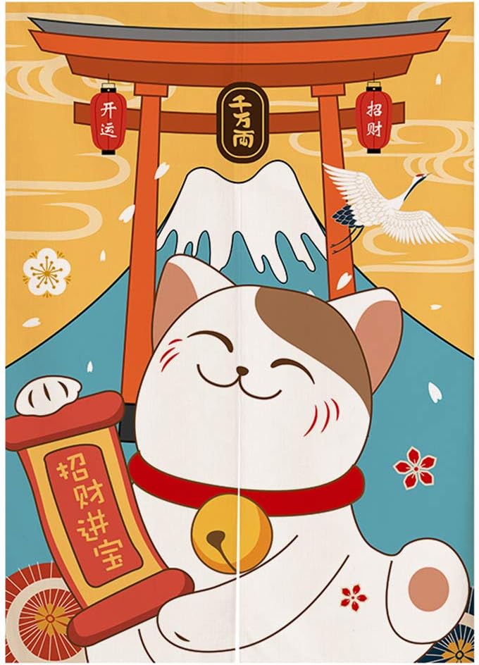 Japanese Noren Doorway Curtain Tapestry Maneki Neko Lucky Cat and Mount Fuji Printed Door Curtain Ukiyoe Room Divider Home Decoration, 33 x 59 inches