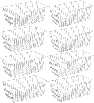 SANNO Freezer Baskets Pantry Storage Bins, Farmhouse Wire Storage Baskets Organizer Storage Bins Large Organizer Bins for Kitchen Organization Storage-Set of 8,White