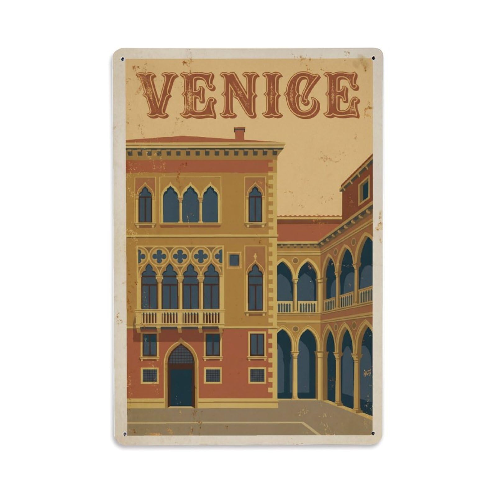 Vintage Travel Venice Palazzo Fortuny Gothic Museum Rusted Italy 1 Metal Tin Sign Plaque Wall Decor for Cafe, Club Bar, Office, Home Garden Metal Poster 8x12Inch