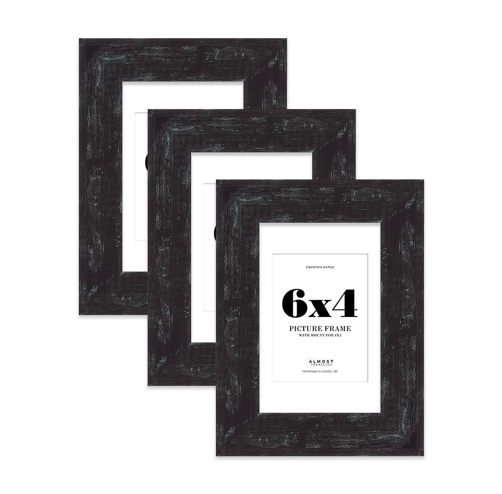 6x4" Distressed Black Picture Frame with 4x3" Mount - Industrial Photo Frame with Distressed Finish, Wall Hooks and Kickstand, 32mm Edge - 3 Pack