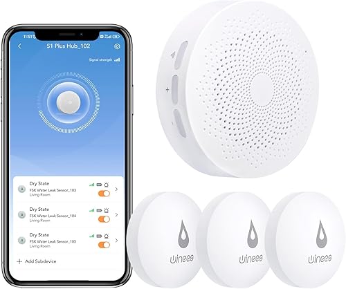 Miniatura 10 de Detector de fugas de agua WiFi Winees, paquete de 1 sensor de agua con alarma ajustable de 100 dB, notificación por correo electrónico y SMS de S1