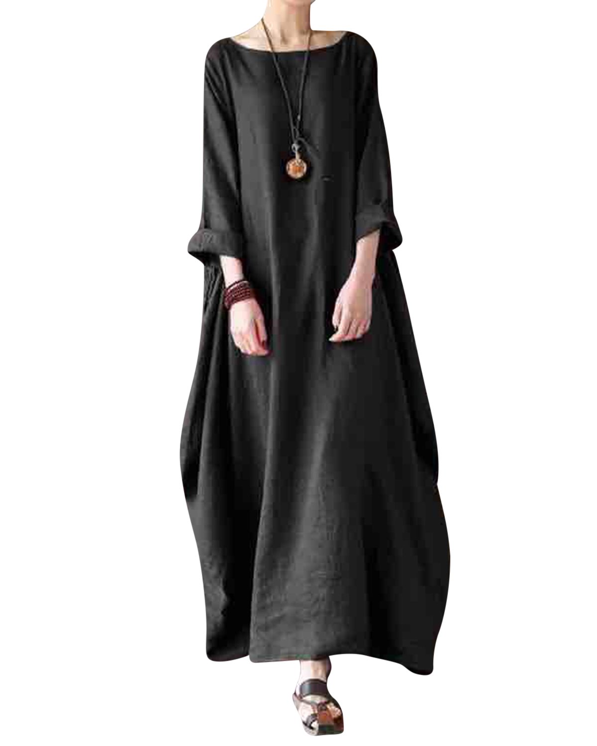 Jacansi Women Casual Party Oversize Cotton Linen Asymmetric Hem Swing Maxi Dress (04-Black, M)