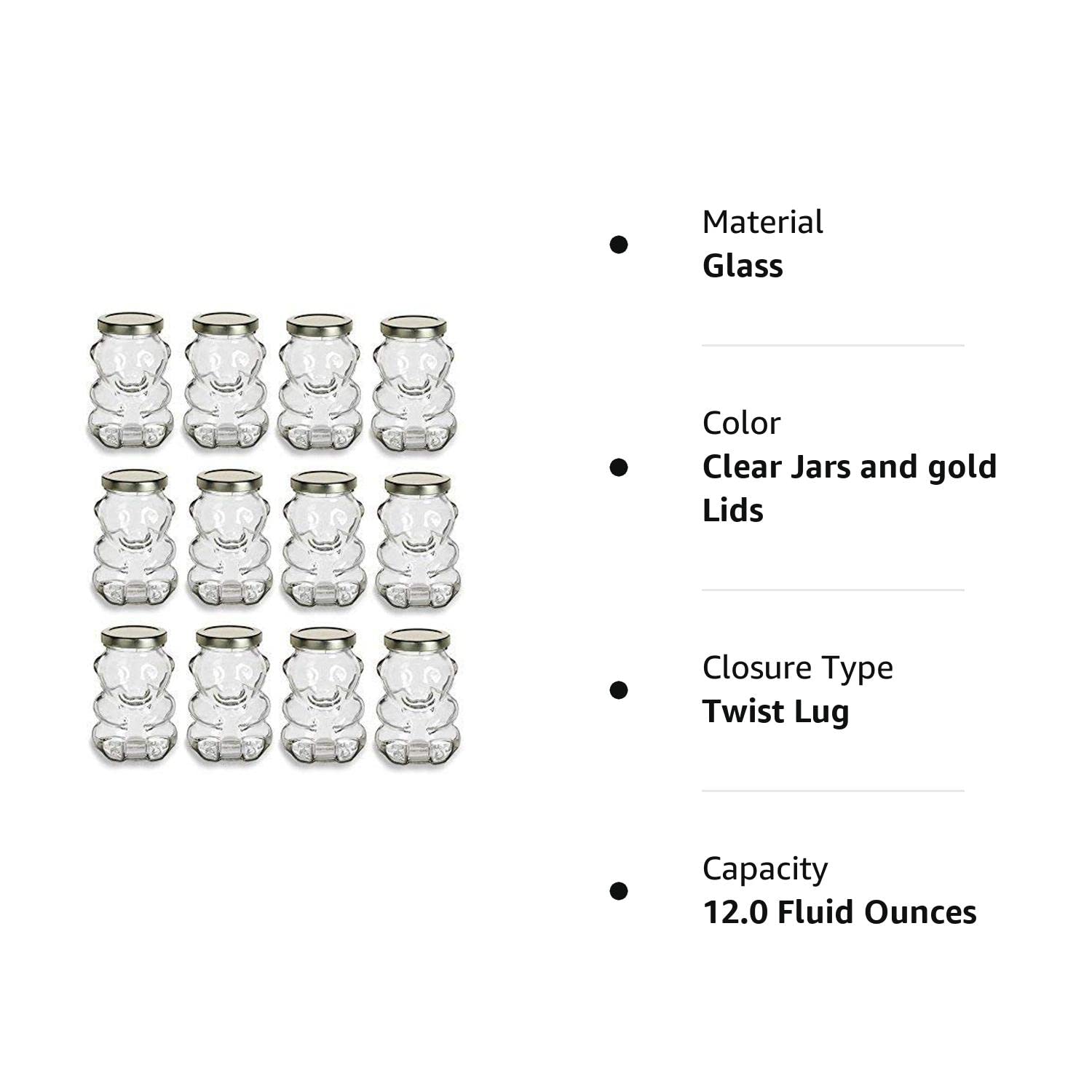 9 oz Glass Honey Bear Jars with Gold Lids 12-Pack for Honey, Candles and other Crafts