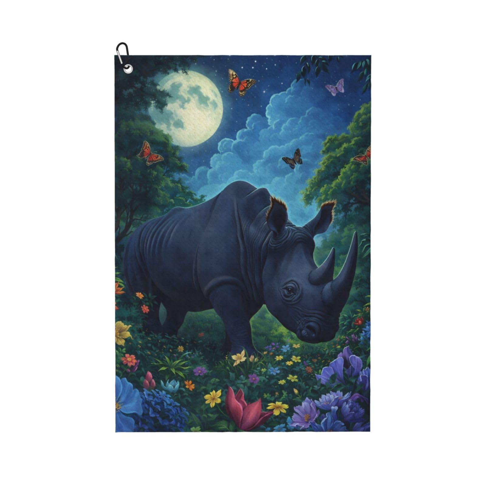 Oudrspo Rhino & Butterfly Under The Moonlight Multi-Functional Golf Towel | Absorbent Quick Drying 16x24in