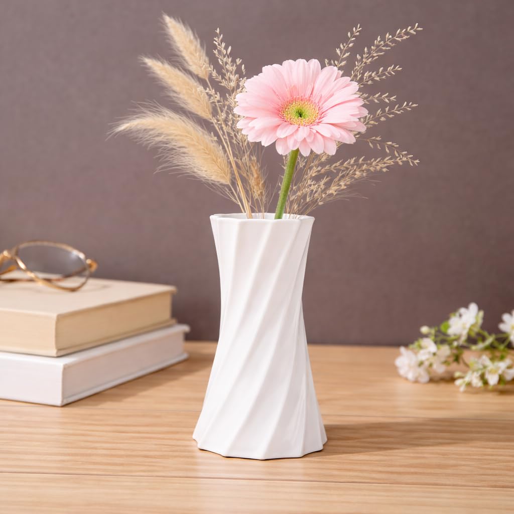 Plastic Flower Vase for Home Decor, Pink Twist Design Decorative Vase, Lightweight Table Vase for Living Room, Bedroom, Office, Shelf & Center Table, Only Vase (No Flowers) (White)-picture-12