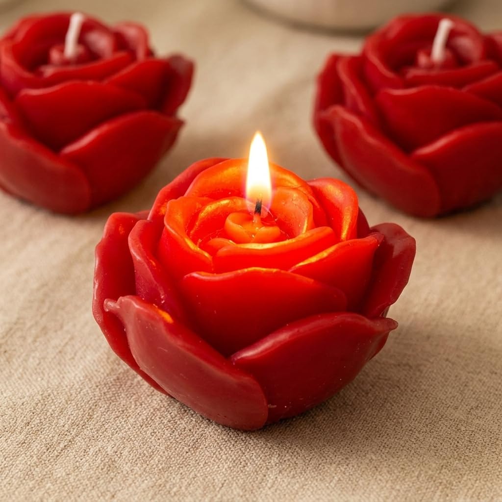 MIJOMA Set di 6 candele a forma di rosa, senza profumo, circa 6 x 4 cm, set regalo con elegante confezione, decorazione per occasioni romantiche