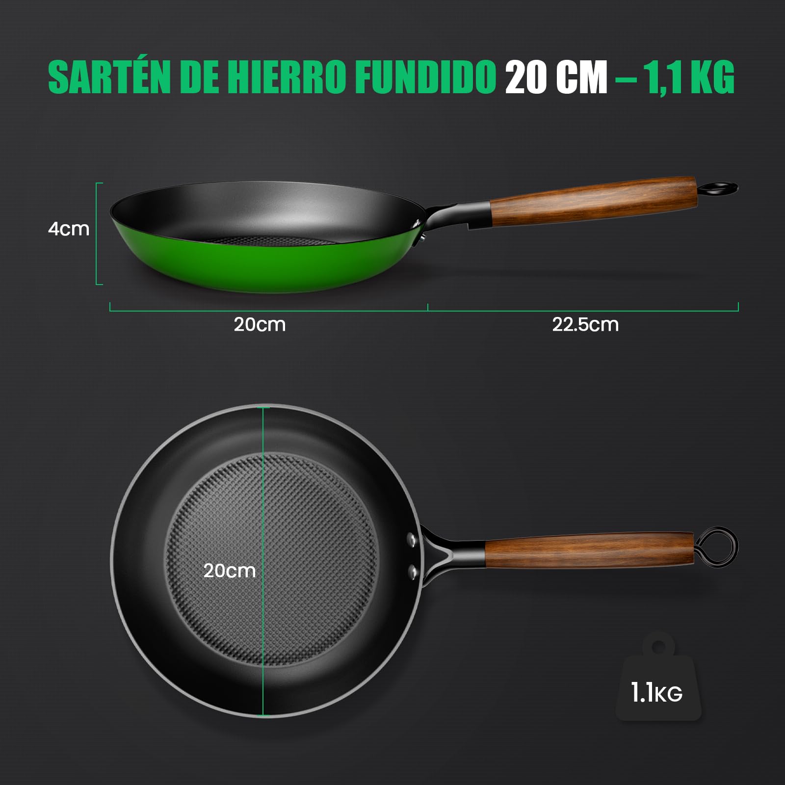 YUTANN Sartén de Hierro Fundido 20 cm Pre-sazonada Inducción y Horno, Verde