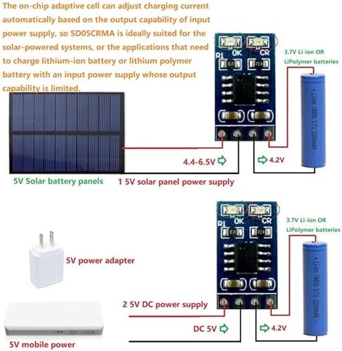 Fafeicy 2 Stück Solarlademodul, 1A 4,4-6,5 V Eingang 4,2 V Ausgang LiPo Li-Ionen-Lithium-Batterieladegerät MPPT Solarladeregler-Modul, mit Wärmeregulierungsfunktion (Without Pin*2)