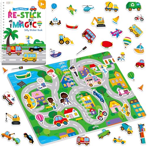 Reusable Jelly Sticker Book, 53 Vehicle Thick Jelly Stickers Wate...