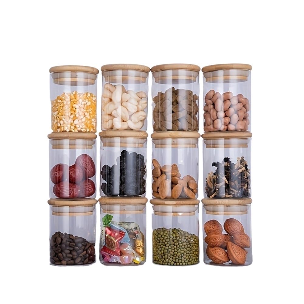 Hgniang 12Pcs Glass Spice Jars With Bamboo Lid,8oz Airtight Containers With Black Labels,Empty Seasoning For Salt Sugar