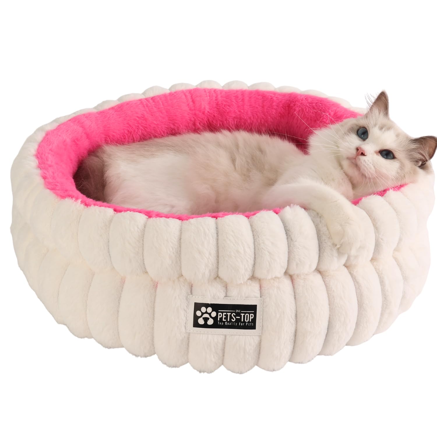 One PETS-TOP Katzenbett Flauschig – Katzenkissen Rund Weich – Cat Bed Waschbar – Schlafplatz für Katze & Kleine Hunde – rutschfest (Rosa und weiß, 50 cm)