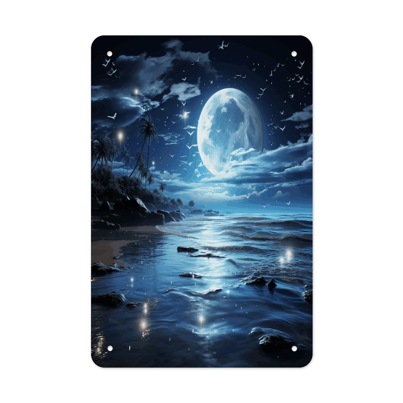 VstaDank Moon Over Ocean Metal Tin Signs Personalized Wall Art Prints Decoration Art Poster Funny Vintage Tin Sign Iron Sheet Painting Metal Signboard Decor Painting for Wall Decor