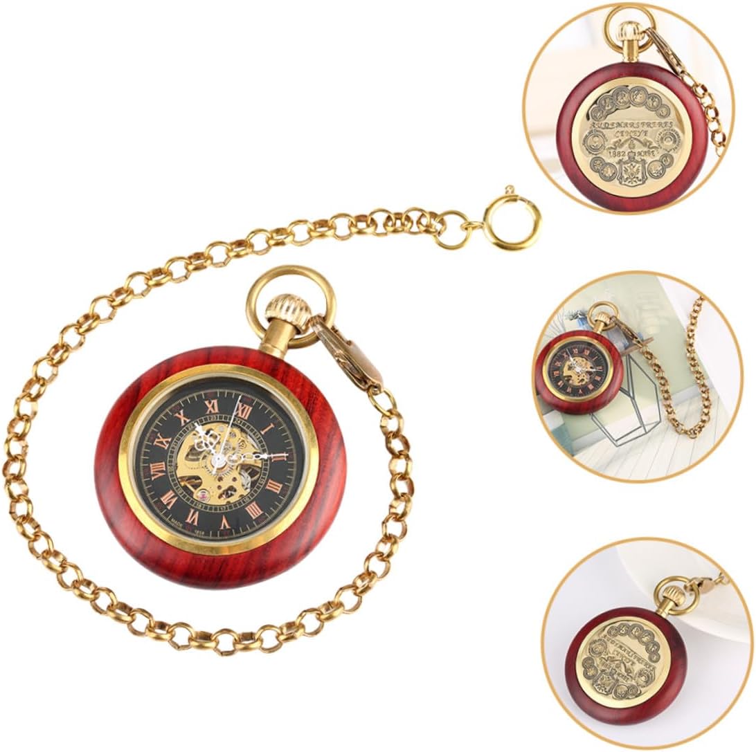 Ciieeo Vintage Mechanical Pocket Watch with Hanging Chain Design, Copper Frame with Wood Grain Pattern, Roman Numeral Dial, Antique Style for Men’s Casual and Formal Wear