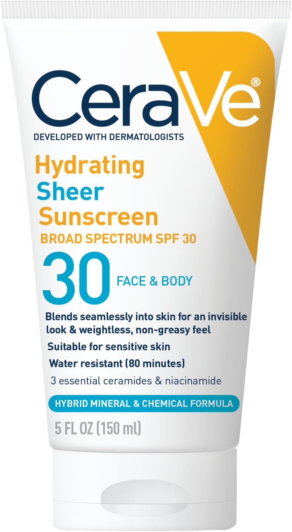 CeraVe Hydrating Sheer Sunscreen with SPF 30 for Face and Body, Mineral & Chemical Sunscreen for Men & Women with Zinc Oxide, Hyaluronic Acid and Ceramides, Paraben-Free + Fragrance-Free, 5 Ounces