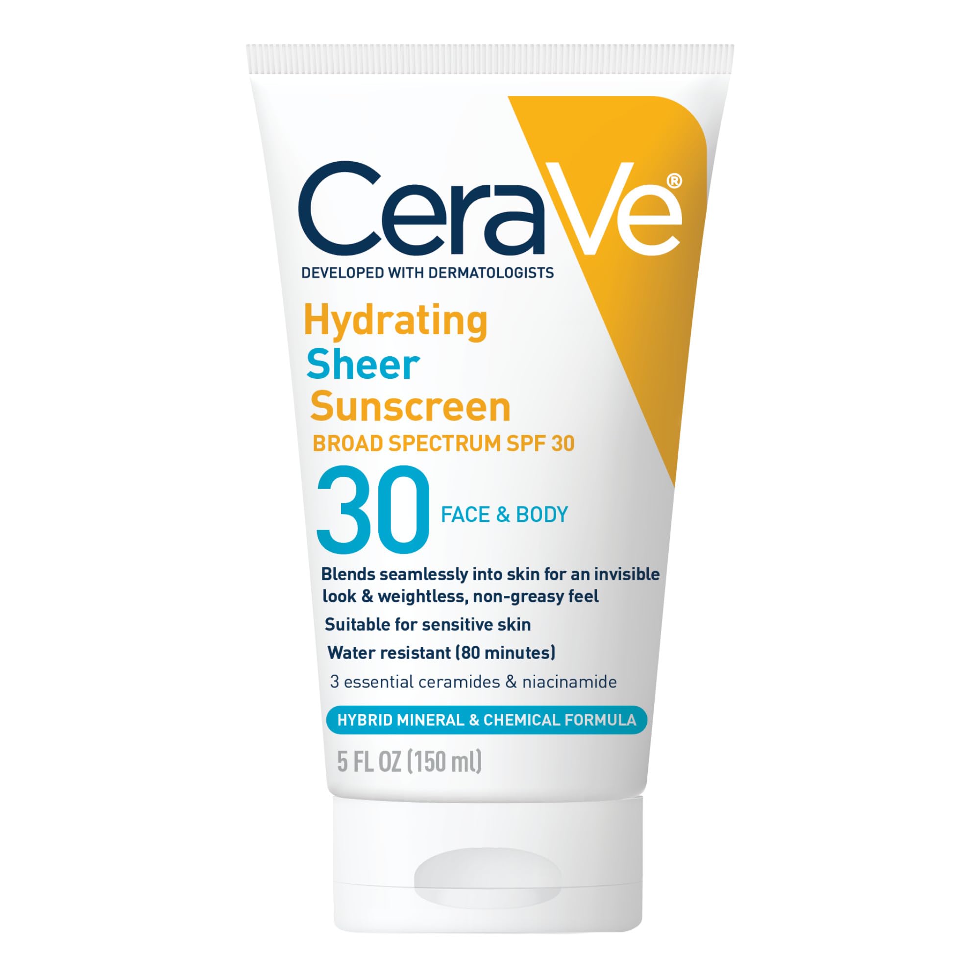 CeraVe Hydrating Sheer Sunscreen SPF 30 for Face and Body, Mineral & Chemical...