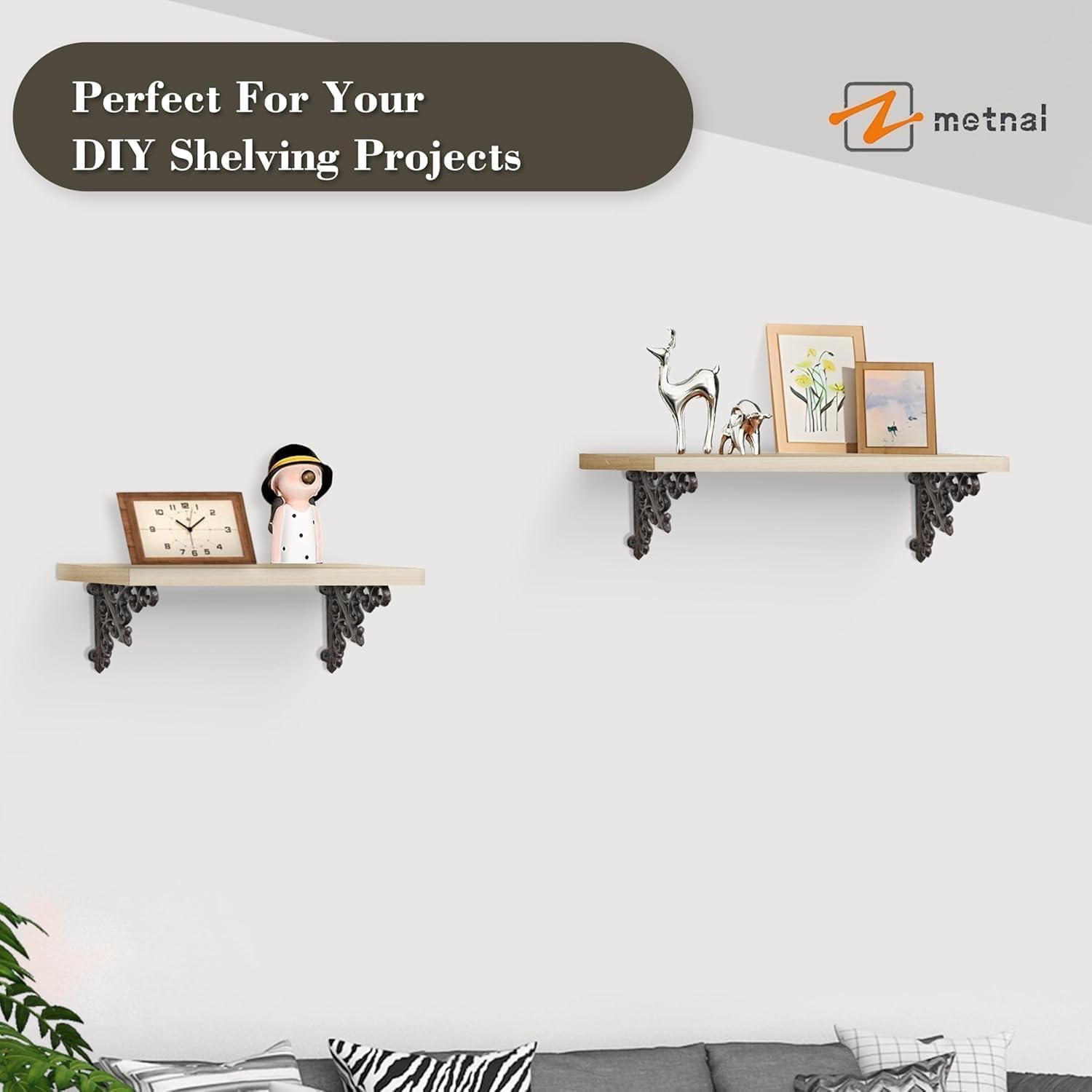 Z metnal Decorative Shelf Brackets, 5.3 inch Cast Iron Metal Bracket, Decor Corner Brackets, Wall Decor, Modern Shelving Bracket for DIY Floating Shelves, 4 Pcs (Screws Not Included)