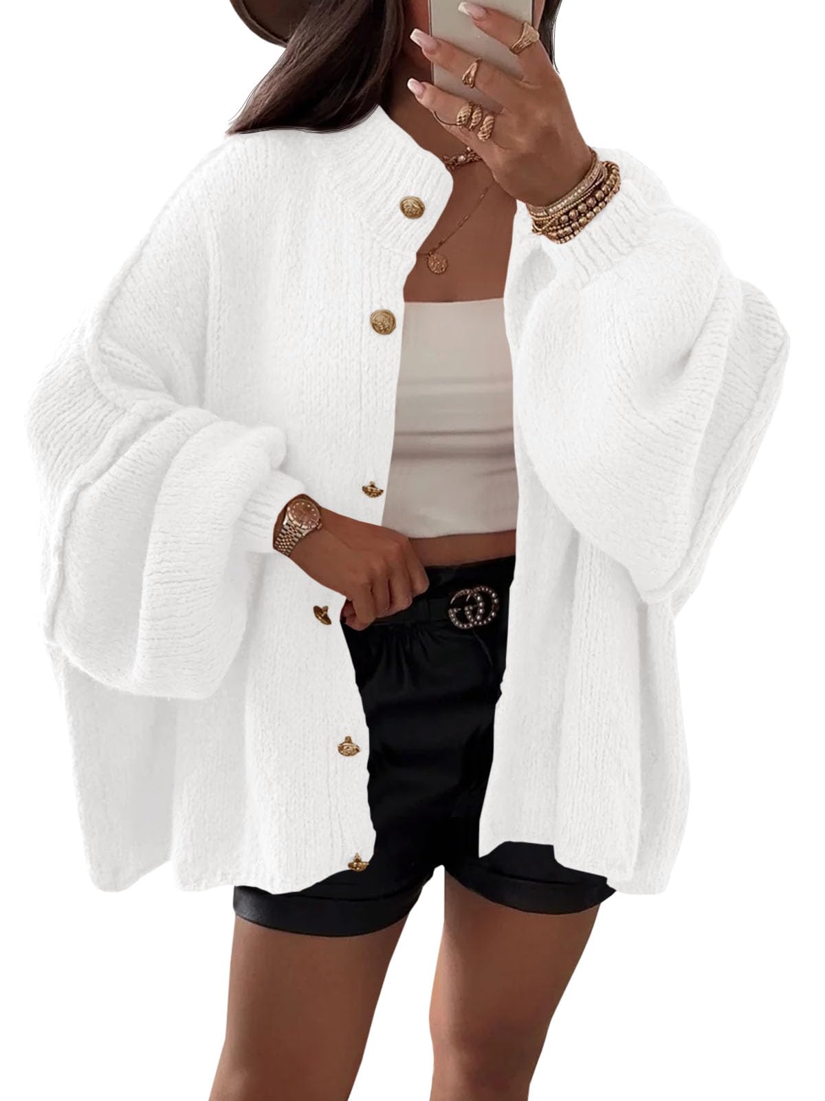 Saodimallsu Strickjacke Damen Kurz Laternenärmel Cardigan Knopfleiste Open Front Sweater Langarm Lose Strickmantel Herbst Winter Gestrickt Jacke Weiß S