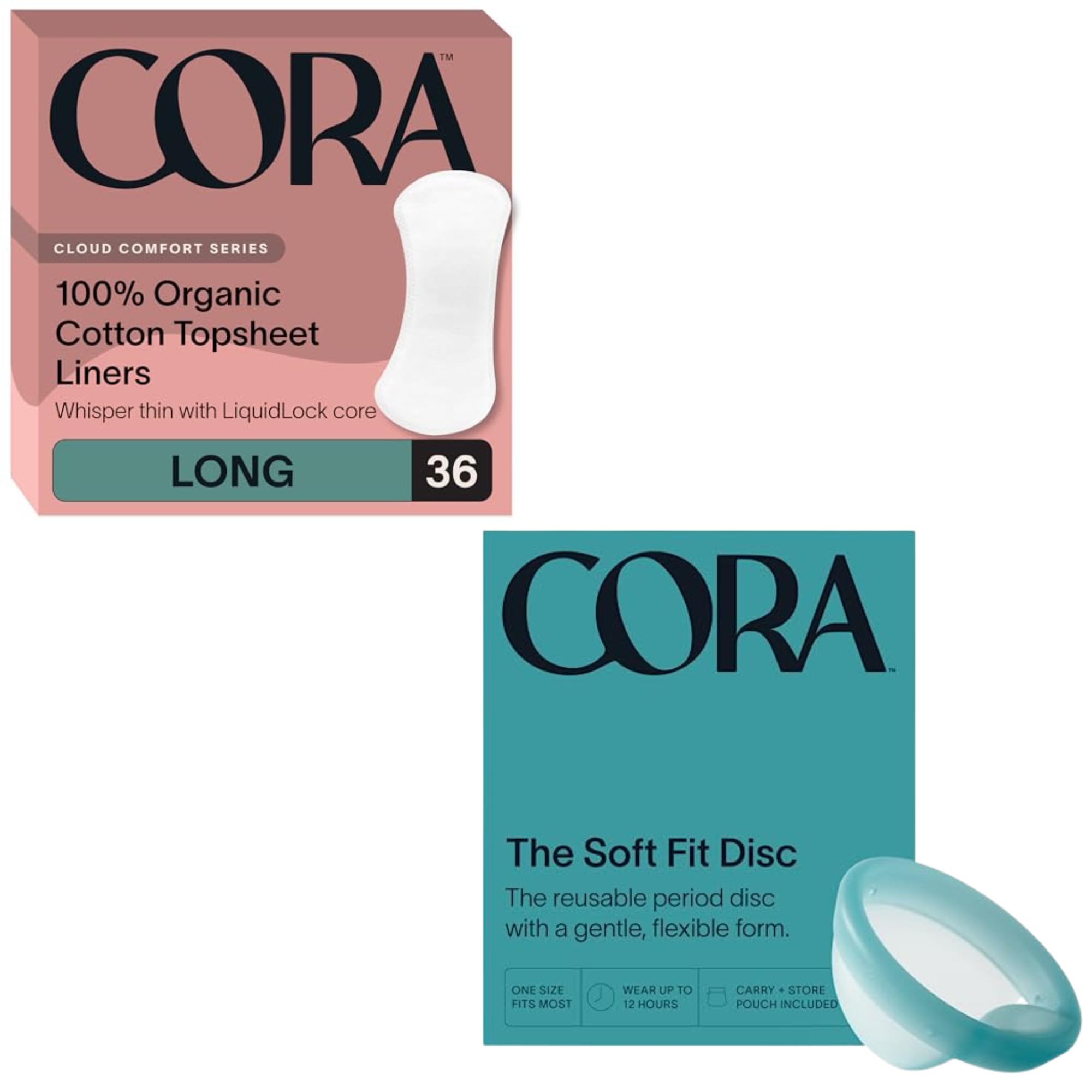 Cora Organic Feminine Care 36 Long No Wings Liners and a Reusable Soft Menstrual Disc Medical Grade Silicone