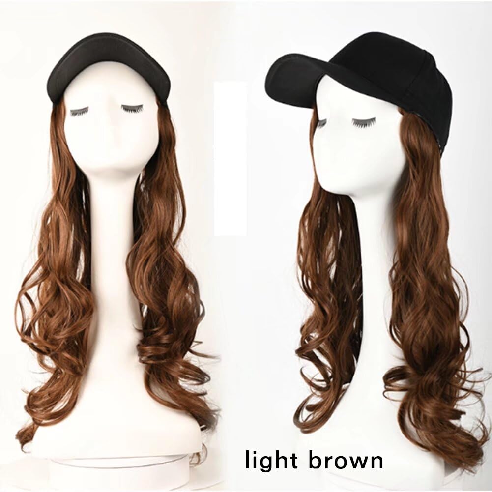 LaLuLoLi Light Brown Cap Hair Wavy Wig with Hat 22" Heat Resistent Natural Fiber Synthetic Curly Hair Extensions Attached Adjustable Black Baseball Cap Fits Women (Light Brown - Image 2