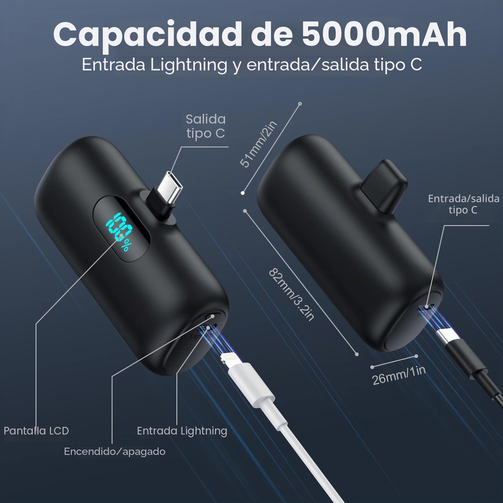 Feob Mini Power Bank, 5000mAh USB C Cargador Portátil 15W PD Carga Rapida Batería Externa Compacto Powerbank con Pantalla LCD Compatible con iPhone 17/6/15, Samsung, Xiaomi, USB C Teléfonos etc