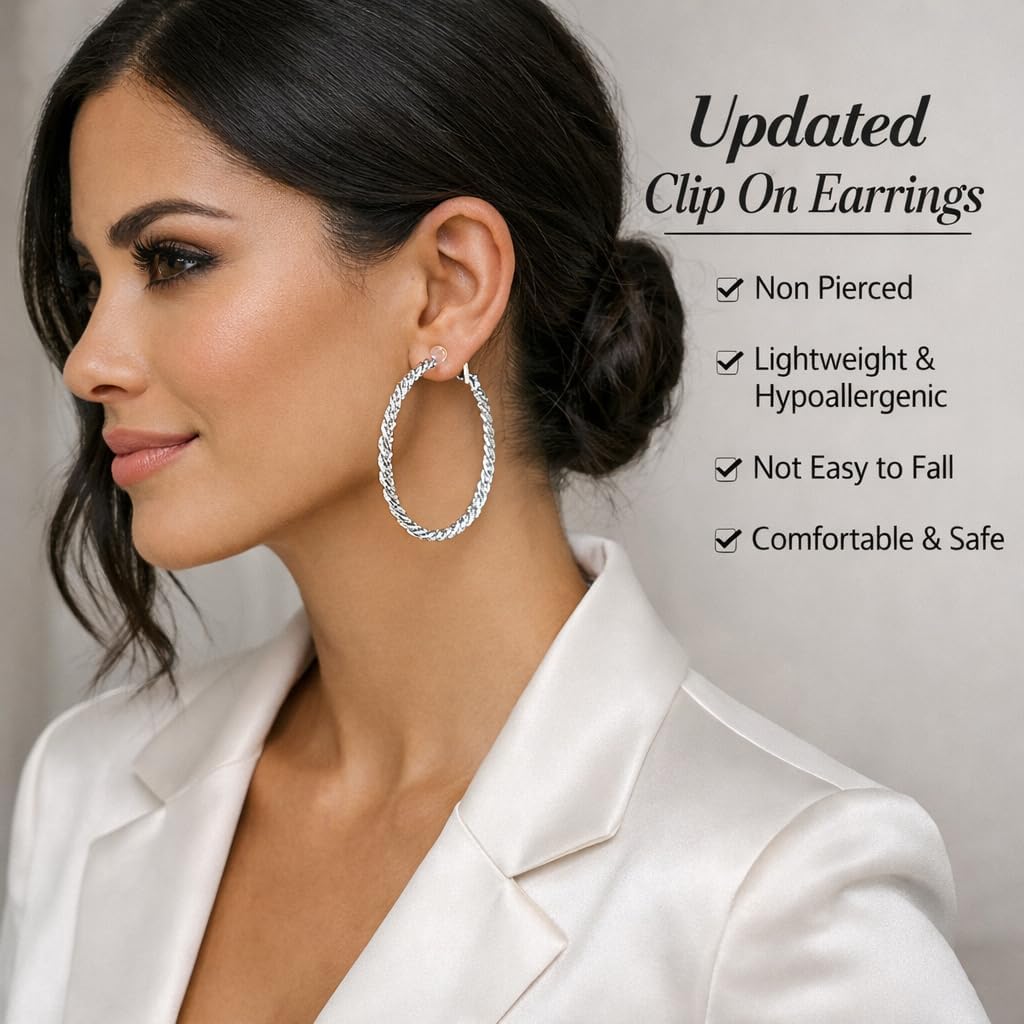 Symvikio Large Clip On Hoop Earrings for Women,14K Gold Big Circle Clip Hoops Chunky Earring Clips for Non Pierced Ears Lightweight Jewelry Gifts 50mm - Image 2