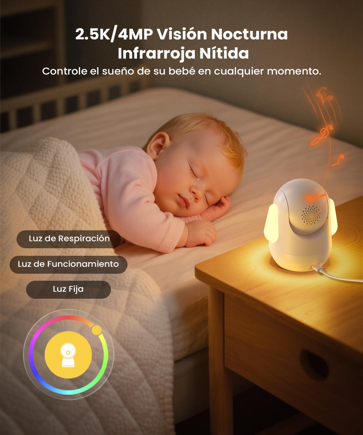 ieGeek 5.5" 2.5K/4MP Camara Vigilancia Bebe WiFi, Alerta de Cara Tapada y Dormir Boca Abajo, Colorida Luz Nocturna, 360° Seguimiento Movimiento Vigilabebes con Camara, VOX, Compatible Echo