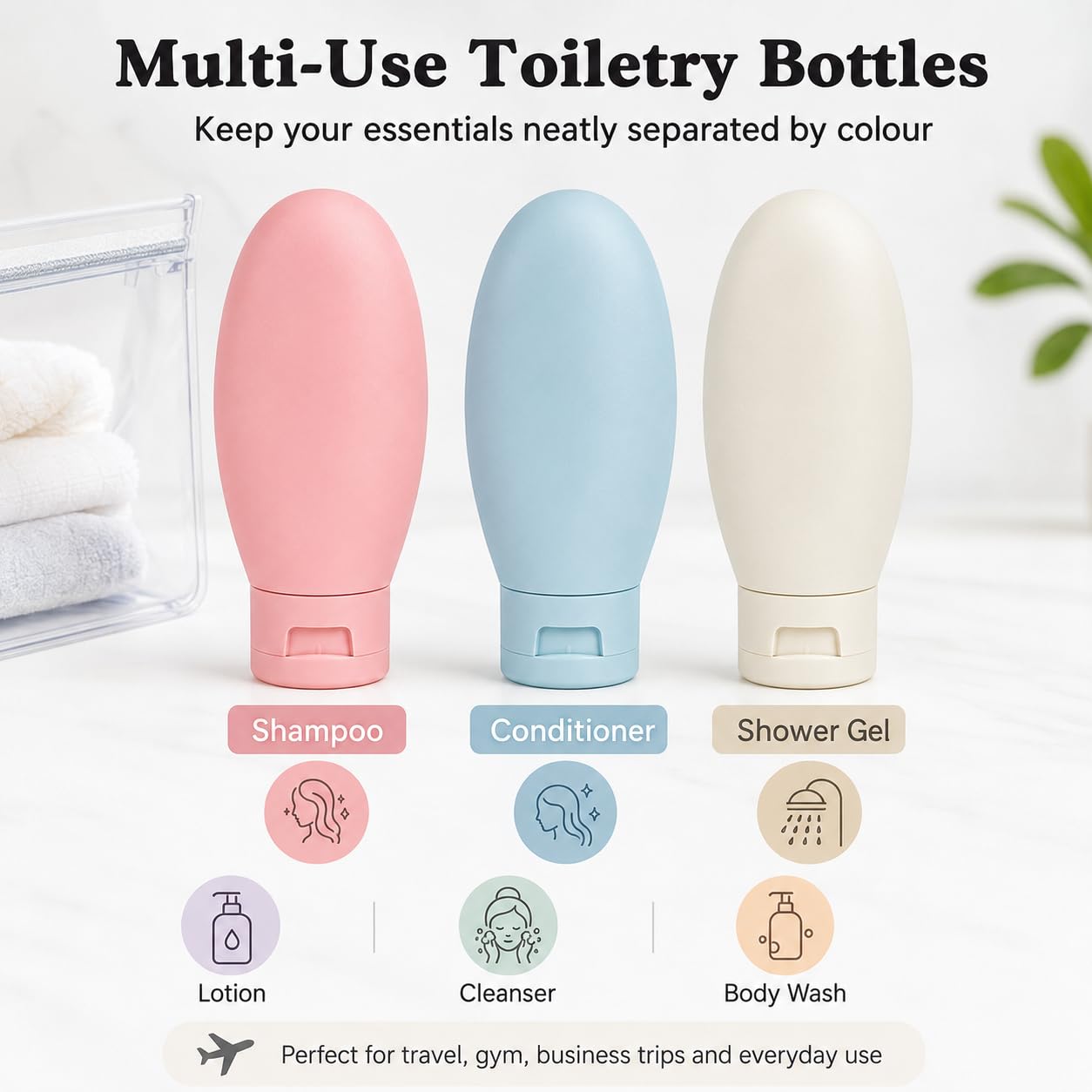 DDUP 3 Pcs Travel Bottles Set,60ML Travel Bottles & Containers,Small Mini Empty Plastic Squeeze Bottles for Travel Toiletries,Shampoo and Conditioner with Storage Bag.(Multicolor) 4