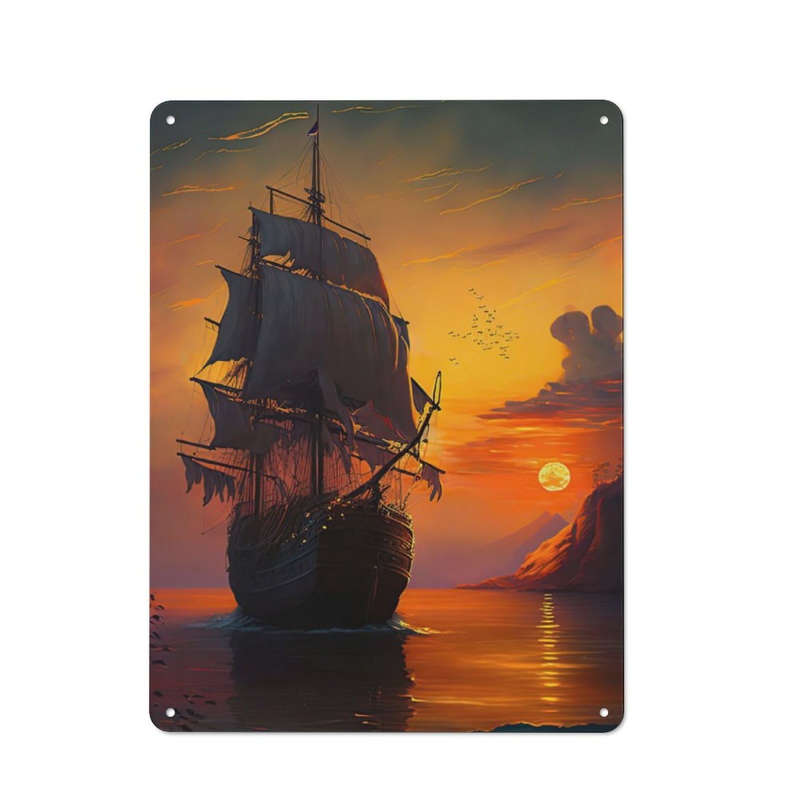 Junmoney Ship Sunset 40X30cm Rustic Metal Sign With For Guest Room Or Hallway, For Vintage Wall Decor Fans, For Metal Sign Collectors