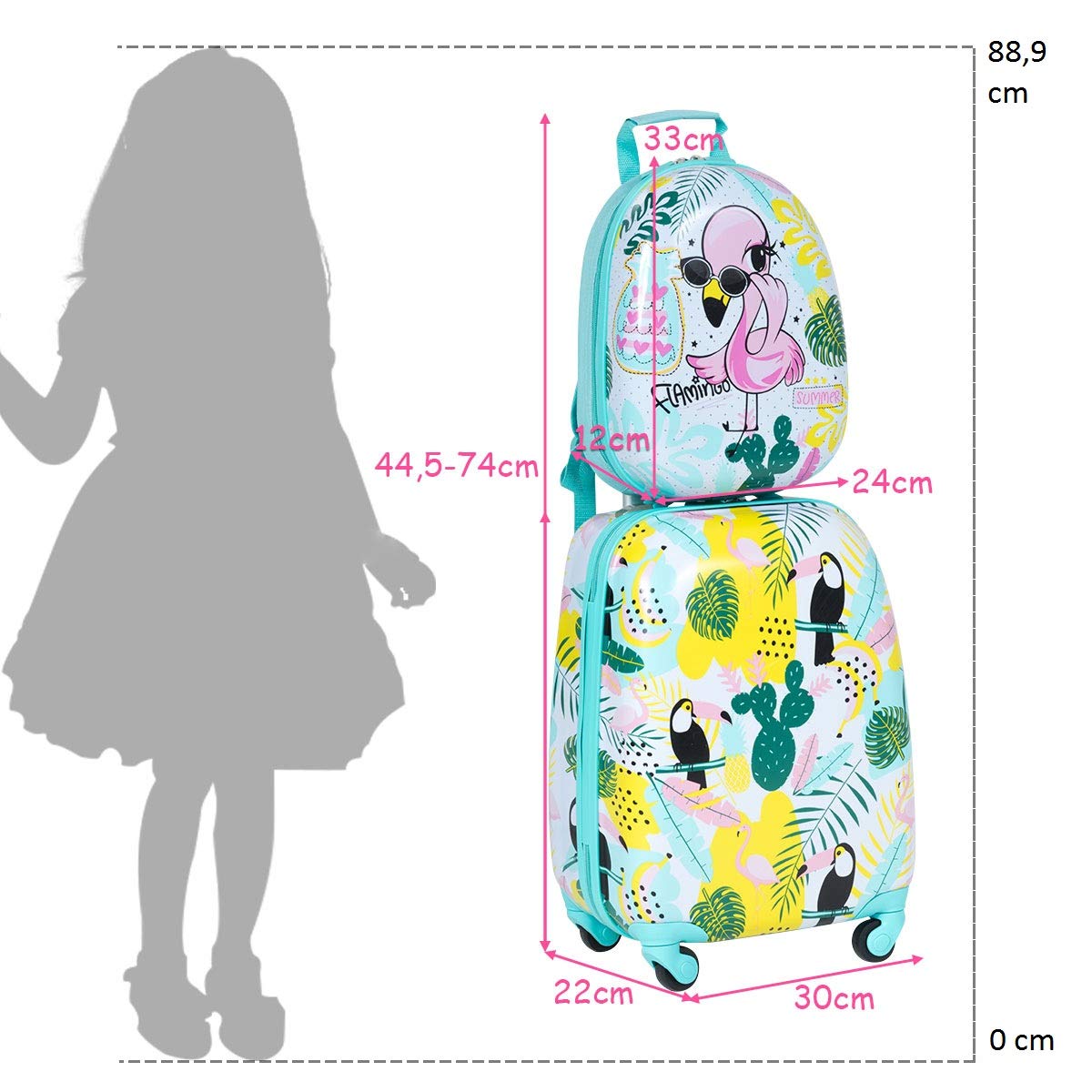 COSTWAY Set di Valigia per Bambini, 16" Valigia+ 12" Zaino, 2 Pezzi, con Ruote Girevoli a 360° e Maniglia Retrattile, Ideale per Viaggiare in Modo Comodo e Divertente