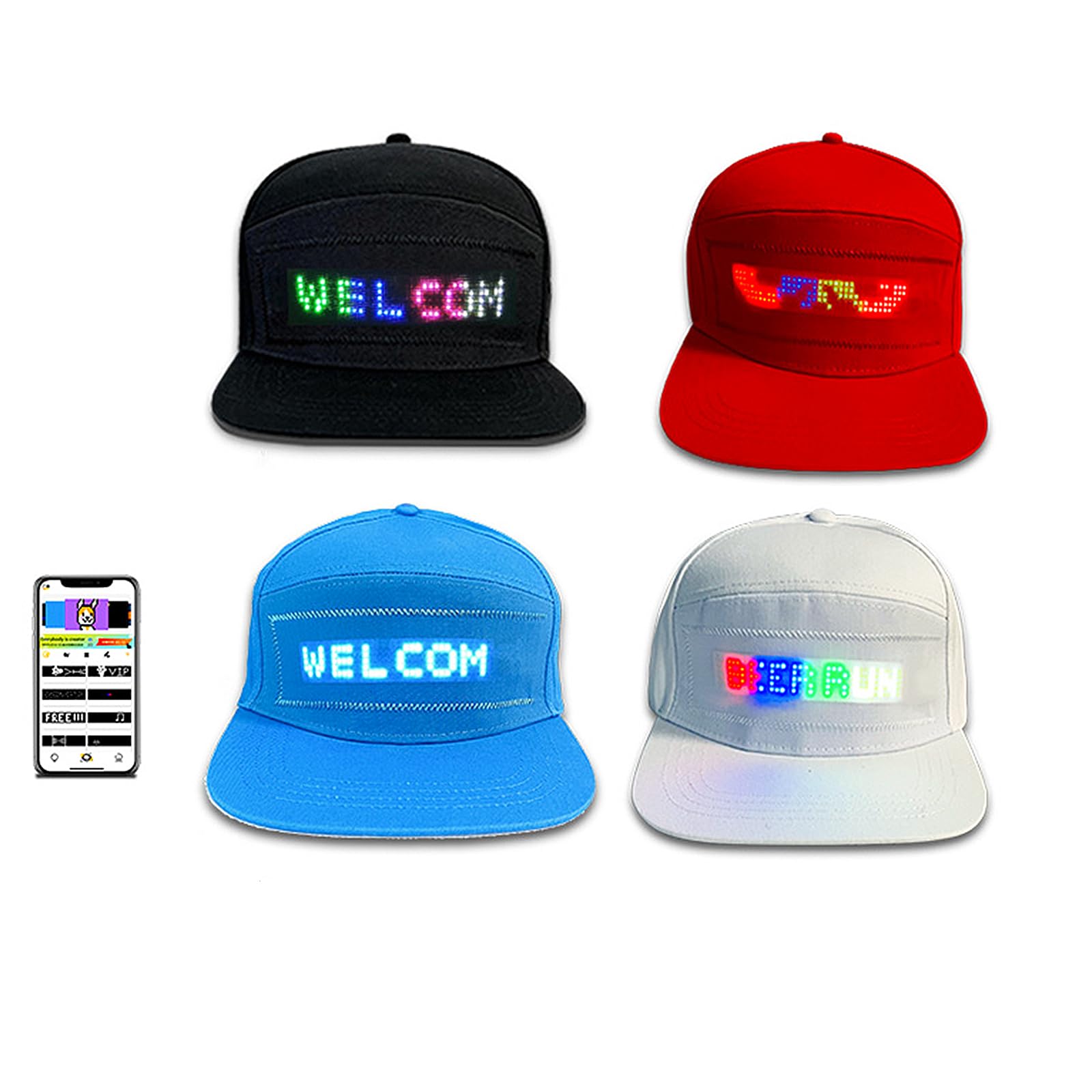 Gorra LED programable con control de aplicación móvil, texto editable, animación, música, graffiti, diseño DIY para fiestas de cumpleaños, conciertos, carnivales, Navidad, bares, clubes