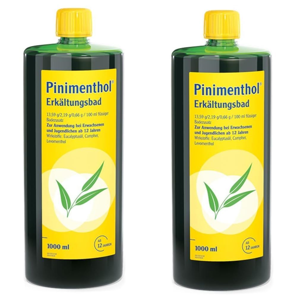 Pinimenthol Erkältungsbad | 2 x 1000 ml | Badezusatz mit ätherischen Ölen | Eucalyptusöl, Menthol & Campher wirken befreiend bei Erkältung | Erkältungsbad für alle ab 12 Jahren | Löst Schleim & lindert Husten mit Eucalyptusöl, Levomenthol & Campher, befre