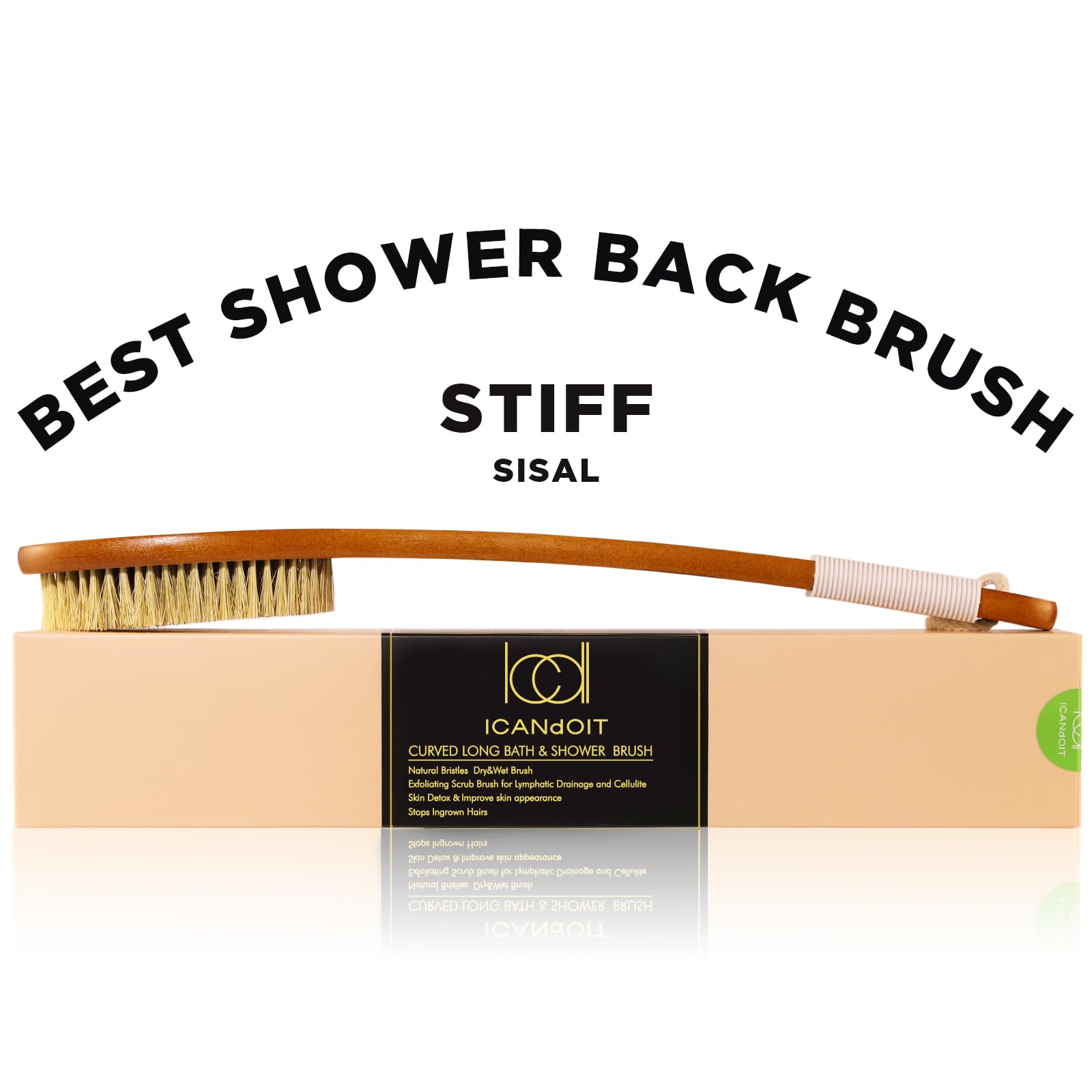 ICANdOIT-17.71Inch Natural Boar Bristles Anti-Slip Curved Long Handle Bath Brush,Bent Handle Shower Scrubber for Exfoliating,Shower Back Brush