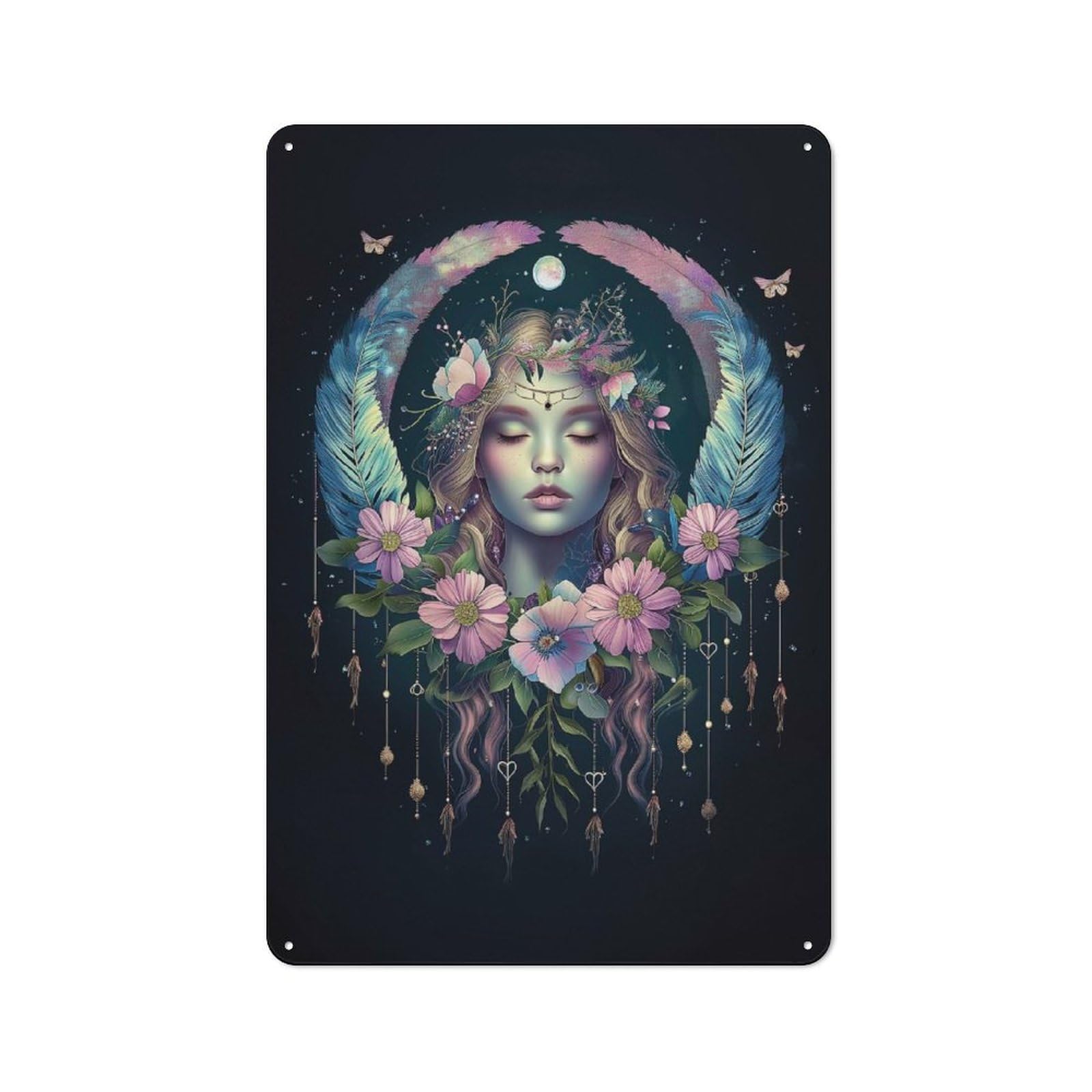 Junmoney Woman With Dream Catcher Tin Wall Plaque 30X20cm With For Hallway Wall, With Clear Retro Wall Decor Character