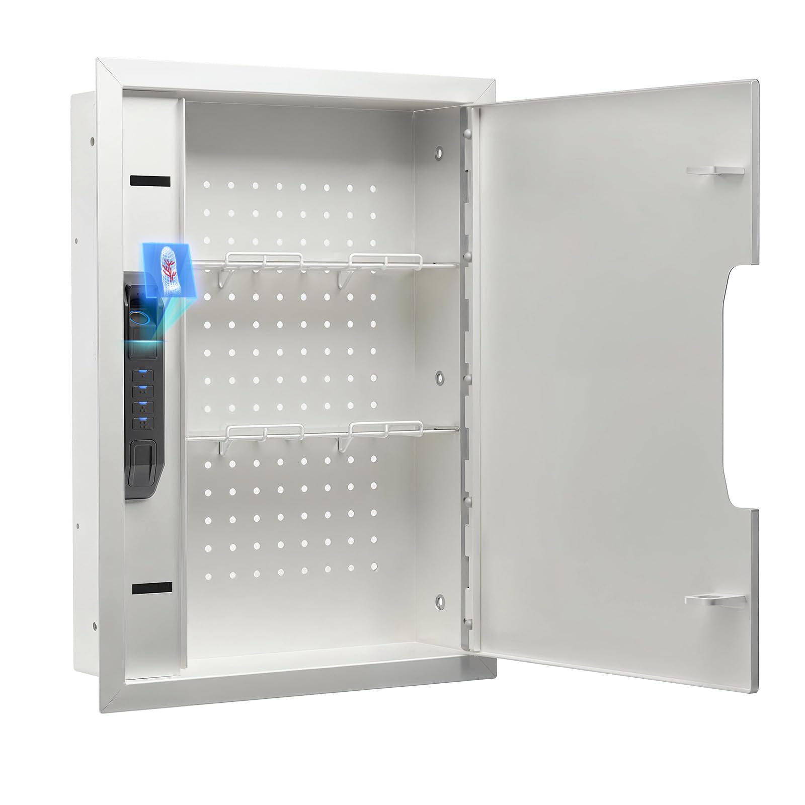 Quick Access Wall Safe with Finger Vein Recognition Lock White Wall Safes Box with Pegboard, Removable Shelves & Heavy Duty Dual-Latch, Wall Gun Safe for Valuables, Cash, Clips