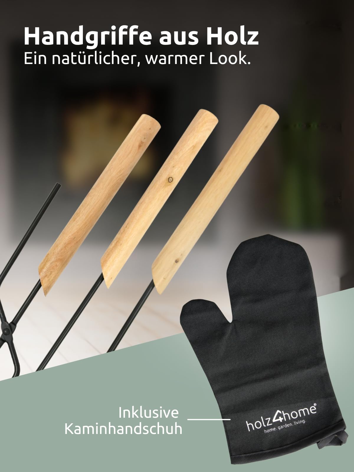 holz4home® Kaminbesteck 6-tlg. Schwarz mit Holzgriff inkl. Ofenhandschuh hitzebeständig I Kaminset Kamingarnitur Ofenbesteck Schürhaken Besen Ascheschaufel