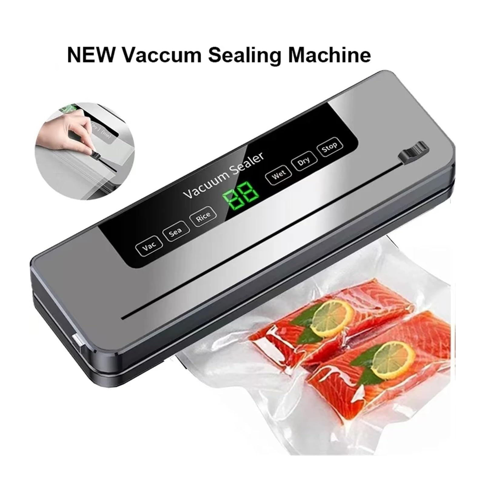 Máquina de sellado, Máquina selladora al vacío eléctrica for alimentos secos y húmedos, con botones táctiles y pantalla digital.