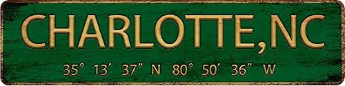 Charlotte, NC - Letrero de metal vintage de 4 x 16 pulgadas, letrero de calle para el hogar, restaurante, bar, cafetería, garaje, placa retro para