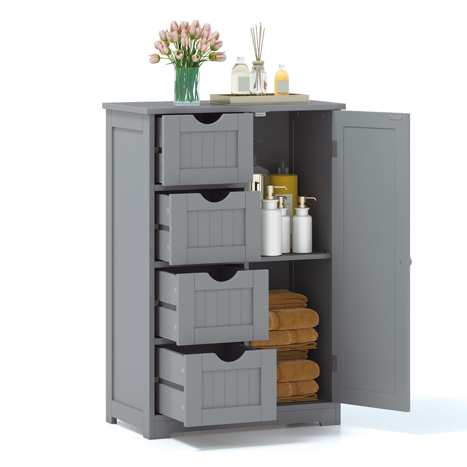 GLACER Bathroom Floor Cabinet, Multifunctional Storage Cabinet with 4 Drawers and 1 Door, Wooden Side Storage Organizer for Bathroom, Living Room or