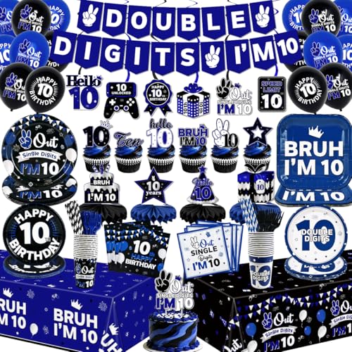 10th Birthday Decorations for Boys 10 Year Old Birthday Decorations Blue Black Tableware Set include Double Digits Birthday Plates and Napkins Tablecloths Banner Cake Toppers for Party Decor Serve 26