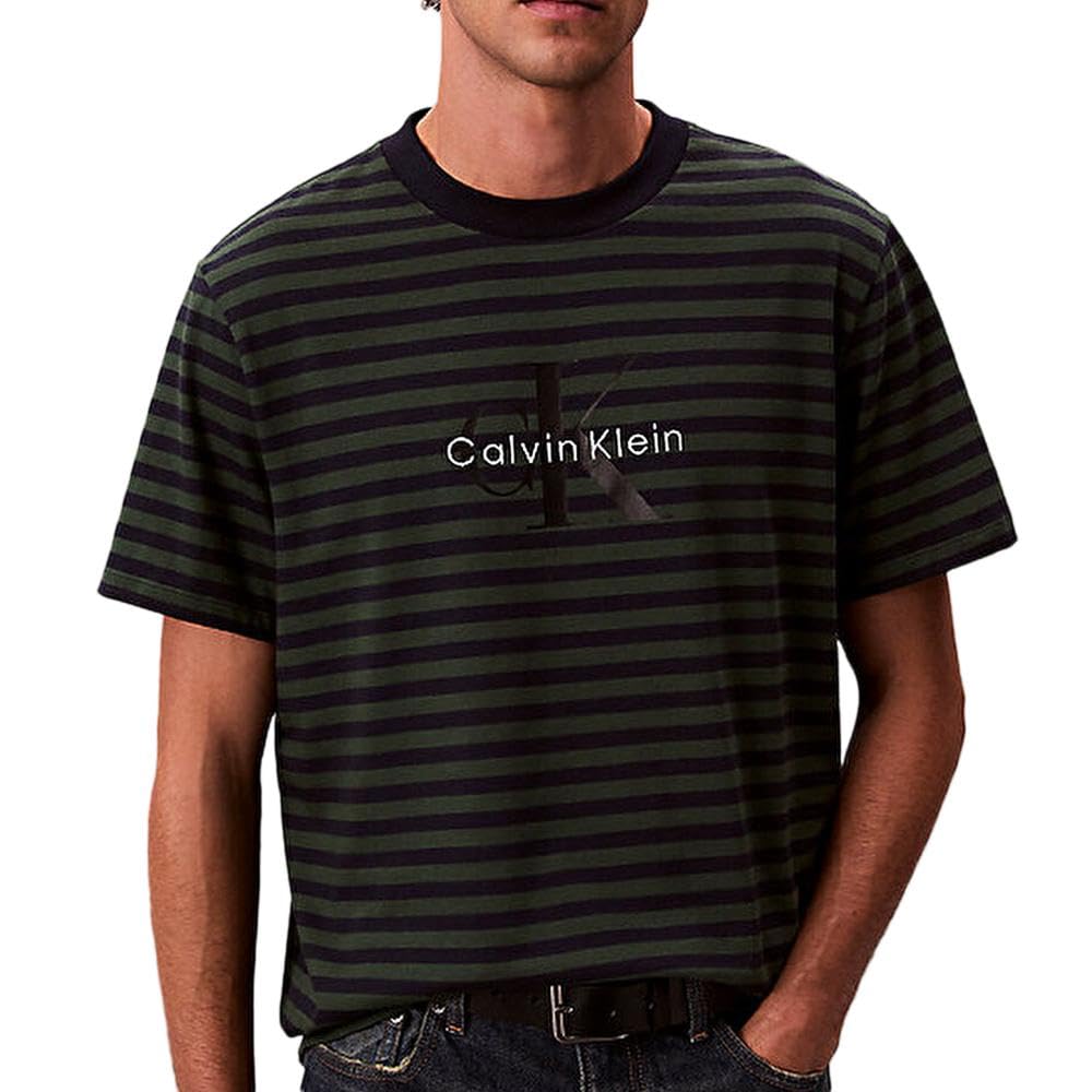 Calvin Klein Jeans Maglietta da uomo a righe verde/marina