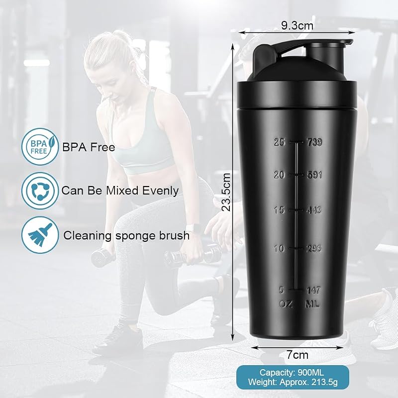 AOGOE Rozsdamentes Acél Protein Shaker 900ml - Sportos Fitnesz Palack Mérlegekkel, Szivárgásmentes BPA Mentes