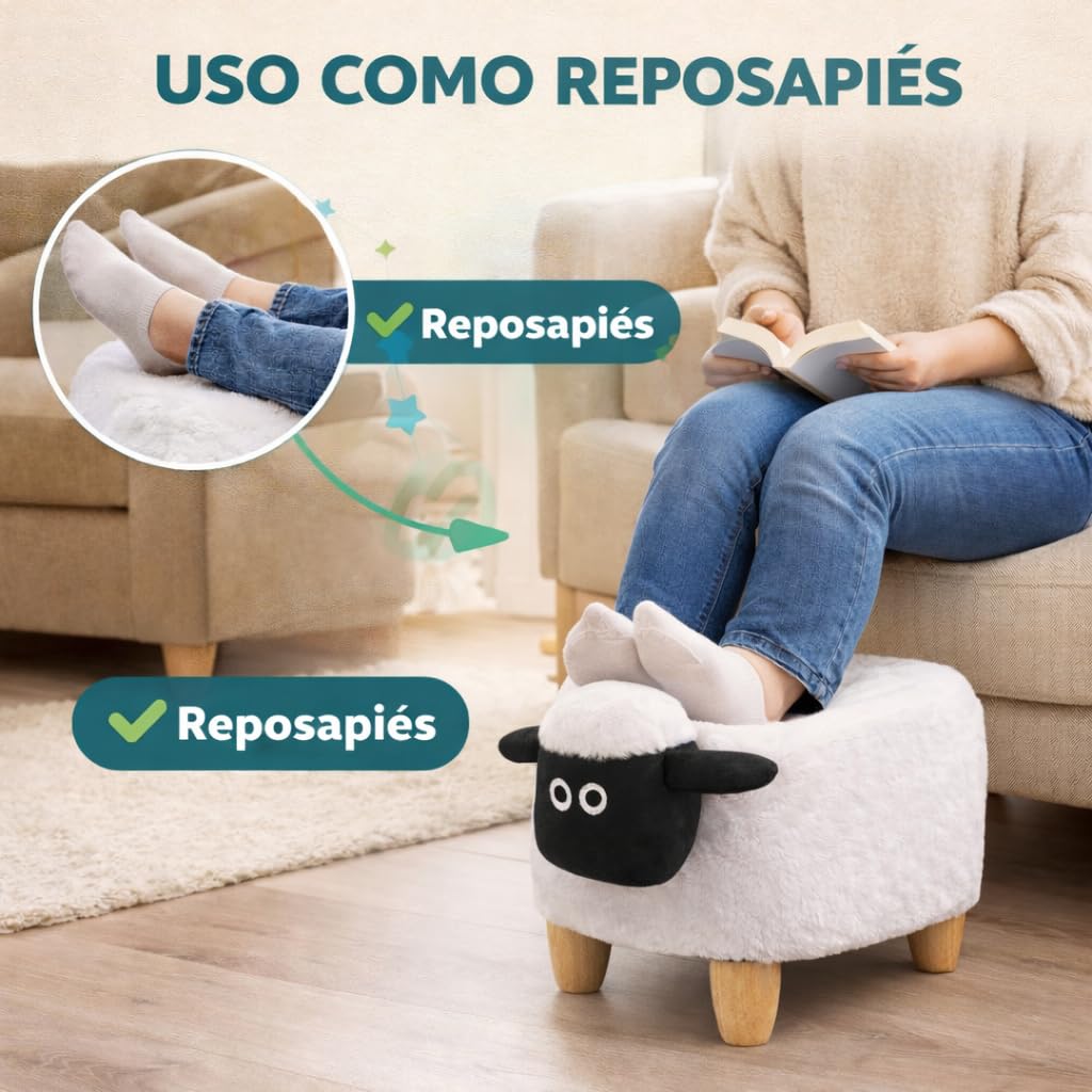 TIENDA EURASIA – Banco Puff con Almacenaje Diseño Oveja | Tapa Abatible | 63x35x37 cm | Estructura de Madera | Puff Decorativo para Dormitorio y Salón