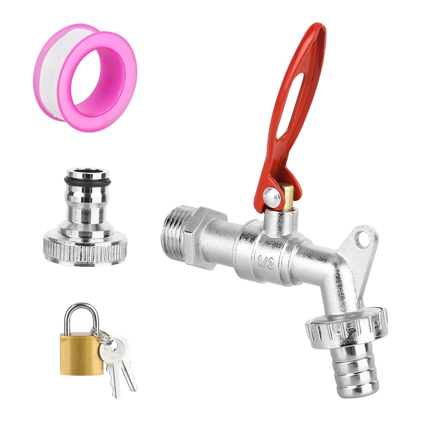 Brass Bibcock Garden Tap 1/2 Inch, Lockable Water Tap, Outdoor Water Faucet with 3/4 Inch Outlet, Ball Valve, Lock, and Sealing Tape